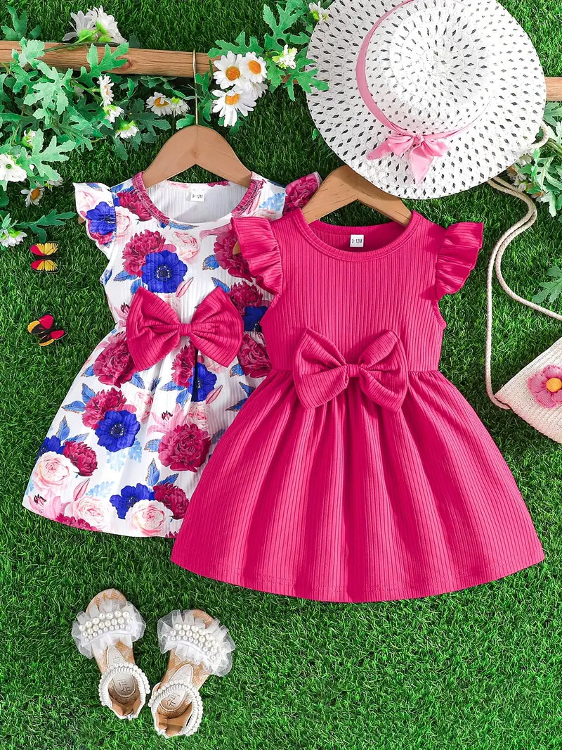 Lot de 2 robes fille été avec nœud – Robe lilas unie et robe blanche à fleurs papillons