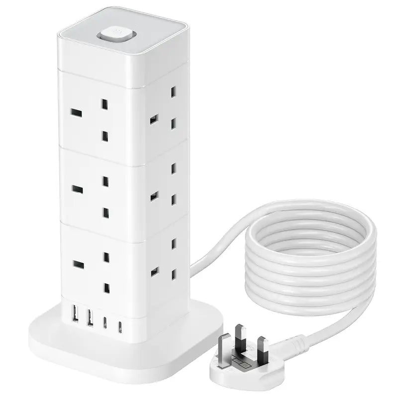 Multiprise Tour Électrique avec 8 Prises et 4 Ports USB – Bloc d’Alimentation Vertical Sécurisé