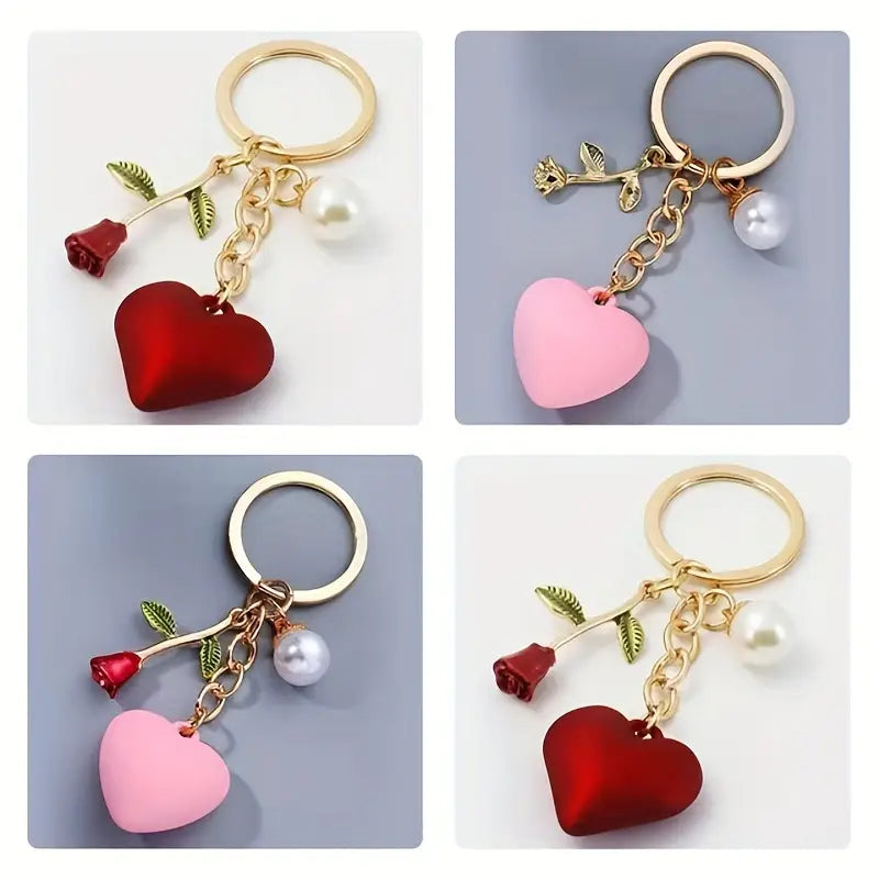 Porte-clés cœur avec rose et perle – Breloque romantique élégante pour homme