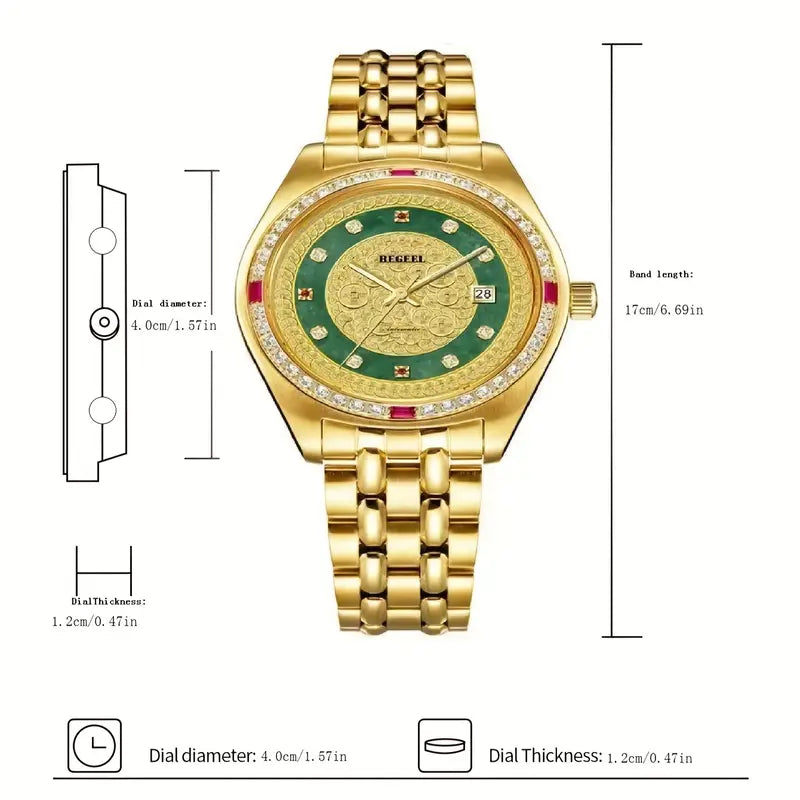 Montre homme luxe dorée – Bracelet acier or avec cadran vert et incrustations brillantes