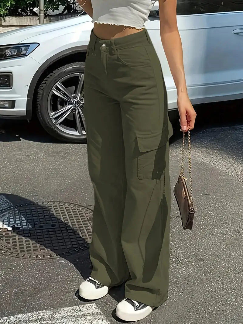 Pantalon Cargo Femme Taille Haute – Tissu Coton Décontracté, Large et Confortable