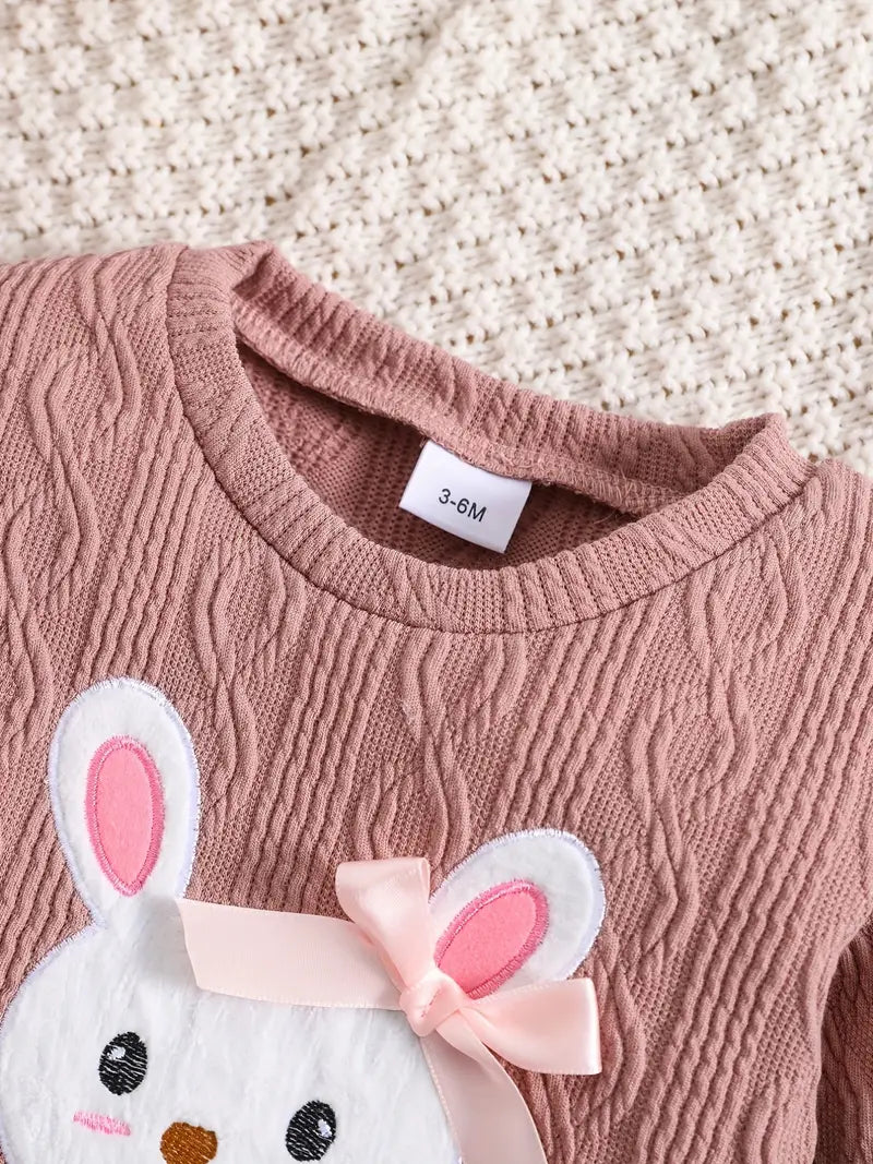 Ensemble Bébé Fille Tricoté Rose – Sweat Lapin avec Nœud & Pantalon Confort