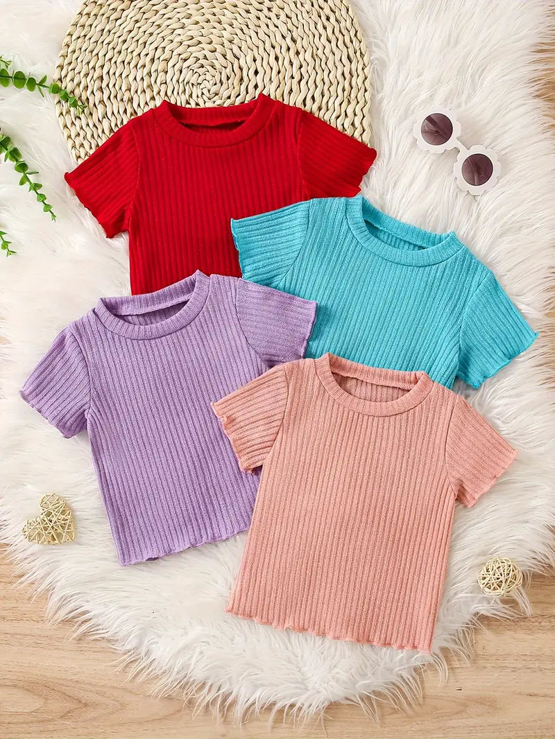 T-shirt Fille Côtelé Manches Courtes – Hauts Enfant Confortables et Tendance en Lot Multicolore