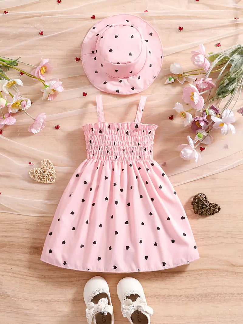 Robe Bébé Fille Été avec Chapeau Assorti – Tenue Légère à Motifs Cœurs