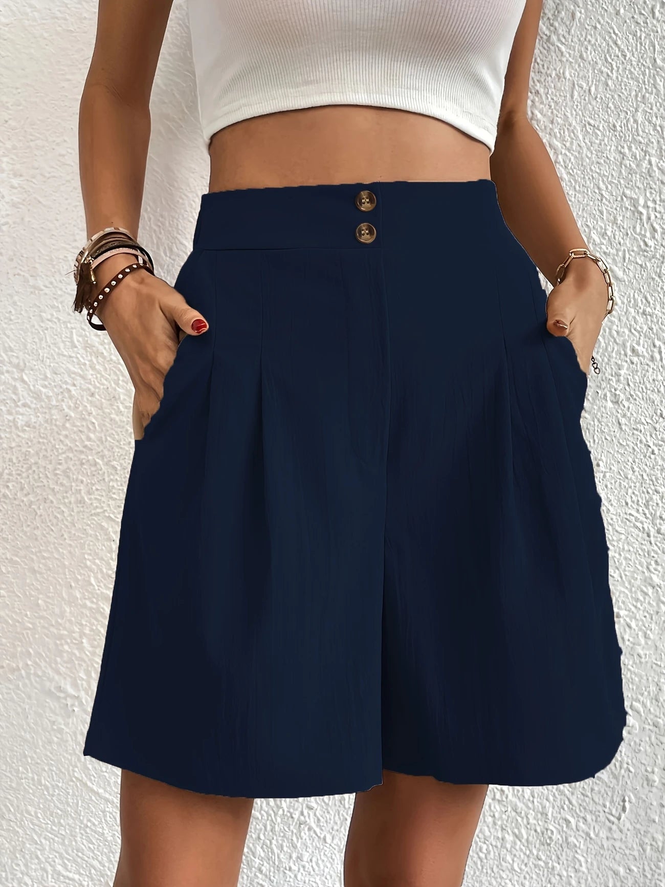 Short de Plage Femme Taille Haute – Coupe Fluide Élégante avec Boutons & Poches