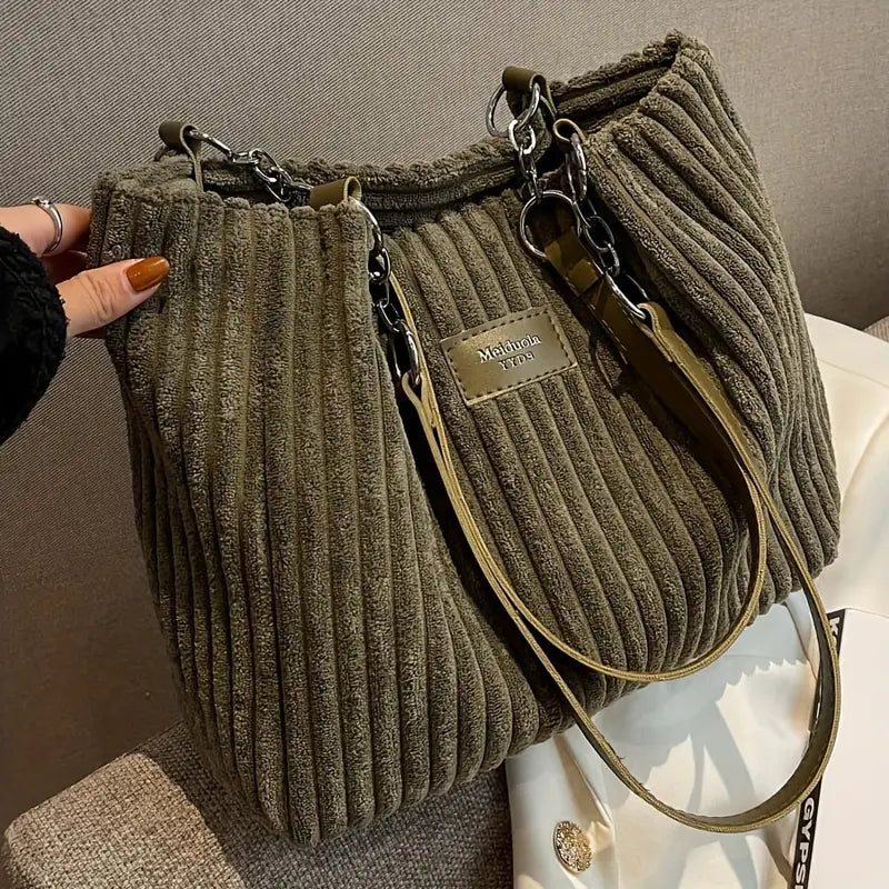 Sac Cabas Femme en Velours Côtelé Beige avec Anses Marron – Élégant et Tendance