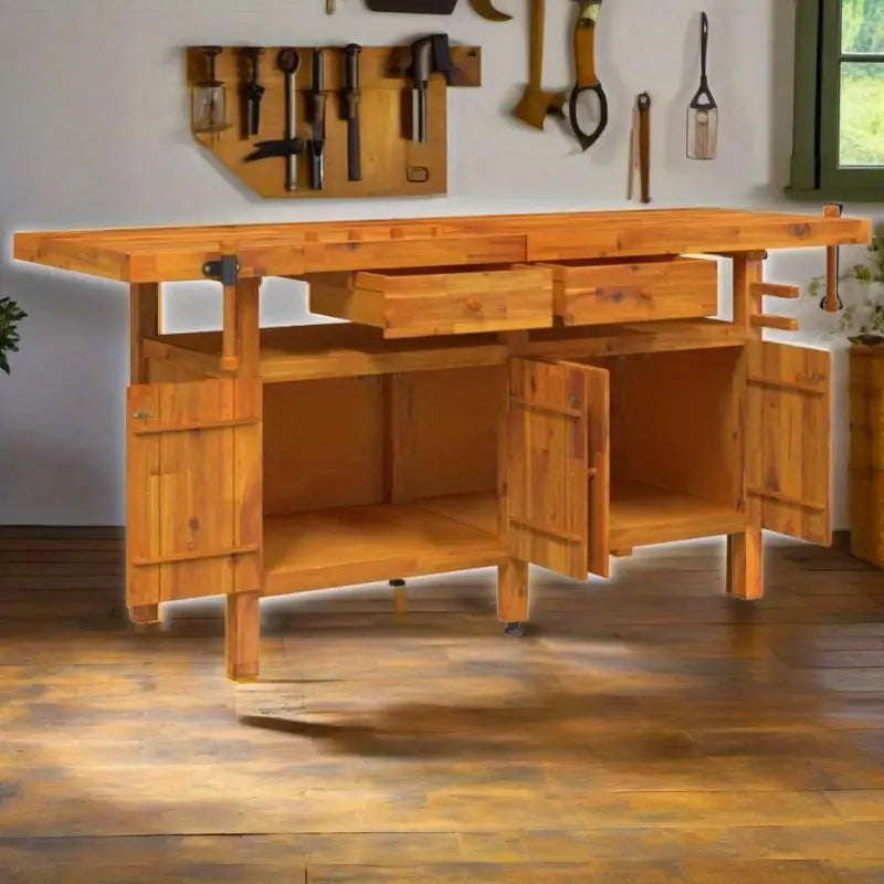 Établi de Menuisier Professionnel en Bois Massif avec Presse Intégrée – Table de Travail Robuste pour DIY et Artisanat