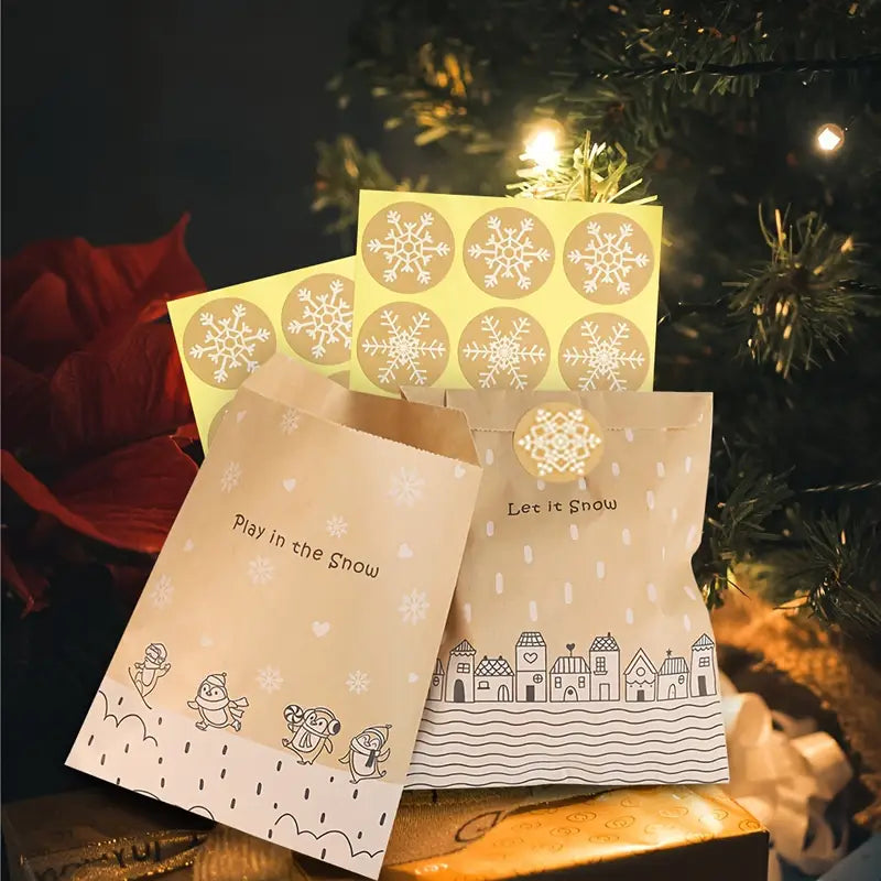Sachets Cadeaux de Noël Kraft avec Stickers – Sacs Papier Emballage Fêtes et Surprises