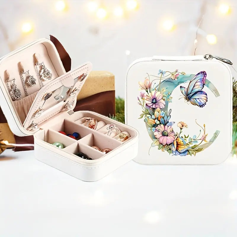 Boîte à bijoux de voyage personnalisée avec initiale florale – Étui compact pour bagues, colliers et boucles d’oreilles