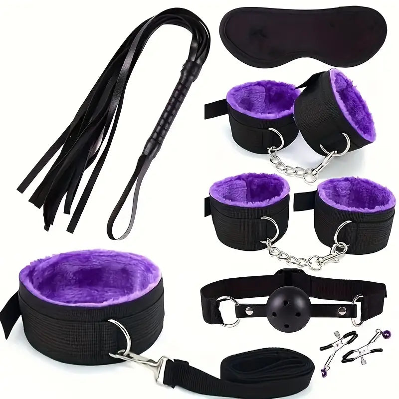 Coffret BDSM 7 Pièces – Kit de Soumission avec Menottes, Fouet, Bâillon et Accessoires Douillets