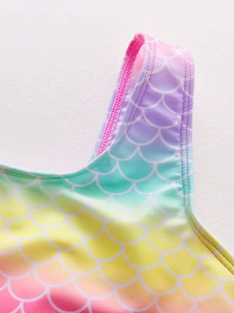 Maillot de bain fille deux pièces sirène – Bikini écailles multicolores avec volants roses