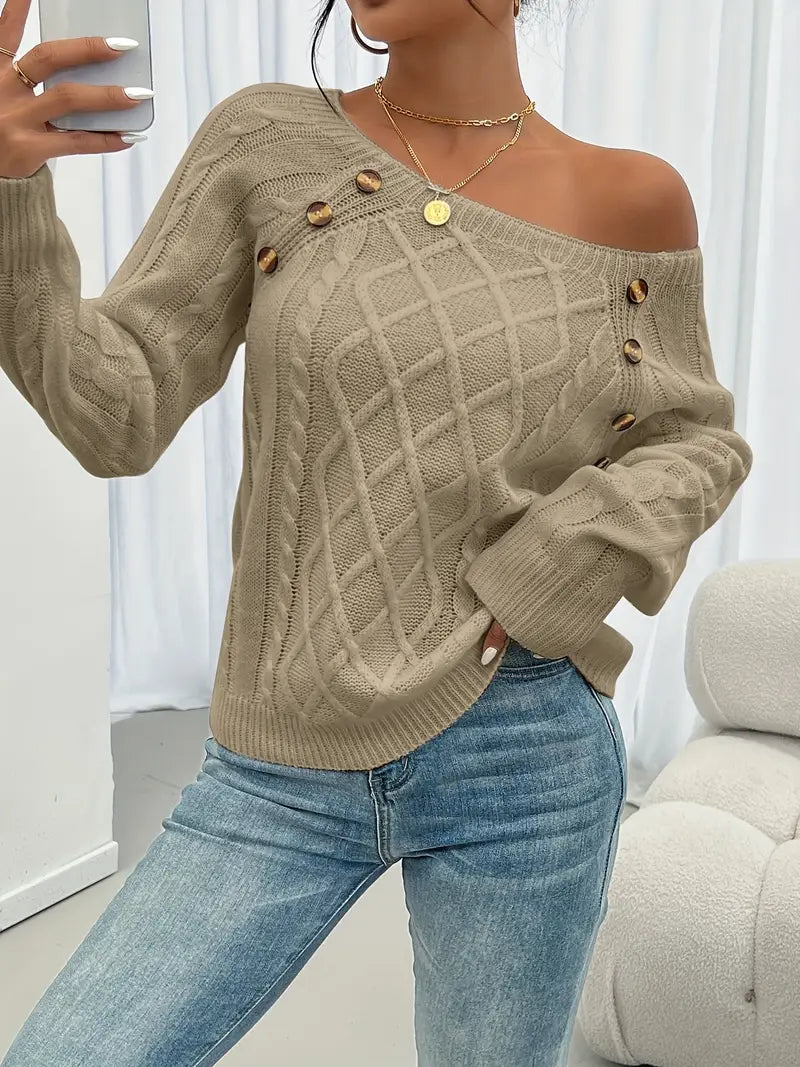 Pull Femme Hiver Maille Torsadée avec Boutons Décoratifs – Col Rond et Coupe Confortable