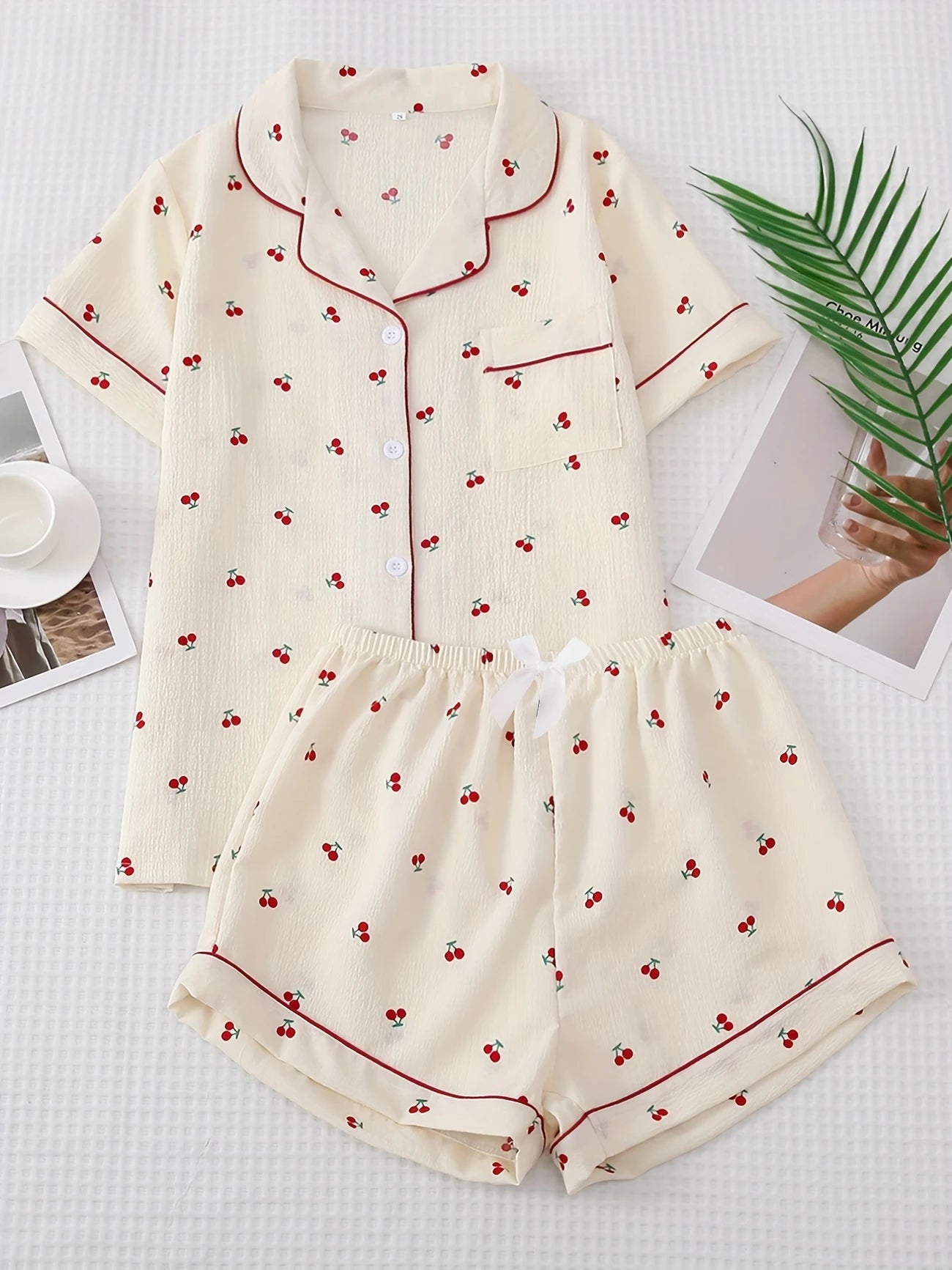 Pyjama Femme Été à Motif Cerises – Ensemble Haut Chemise & Short Léger