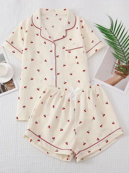 Pyjama Femme Été à Motif Cerises – Ensemble Haut Chemise & Short Léger
