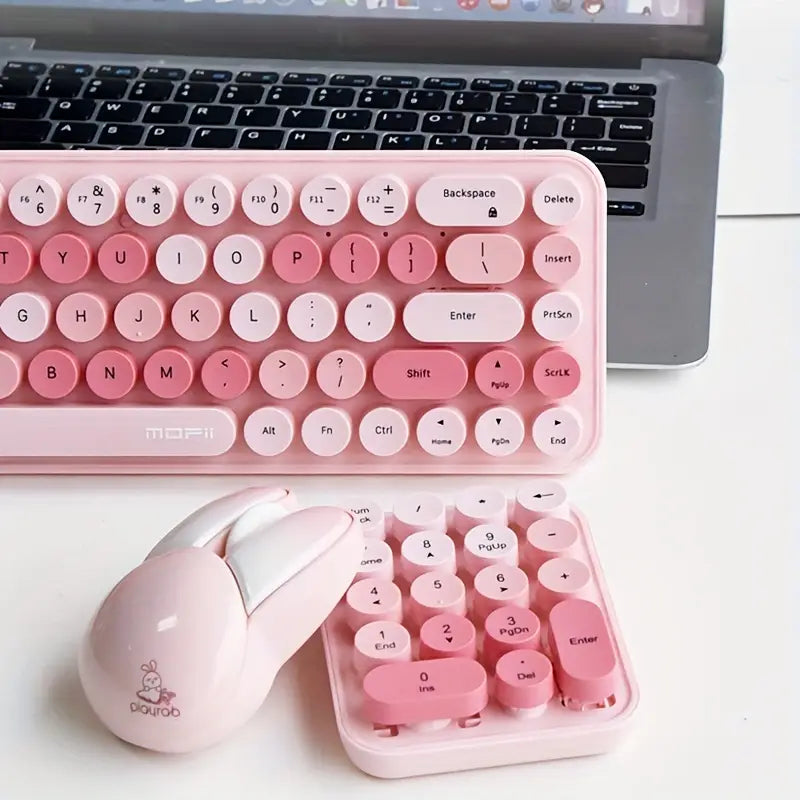 Clavier Rétro Rose avec Pavé Numérique + Souris Sans Fil Design Lapin – Kit Kawaii pour Bureau et Gaming