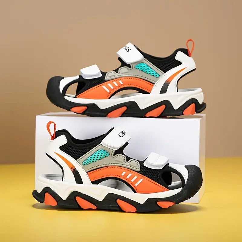 Sandales et pantoufles garçon – Sandales de sport respirantes noir et orange à scratch antidérapantes