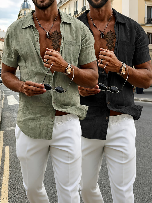 Lot de 2 chemises Henley à manches courtes en lin pour homme