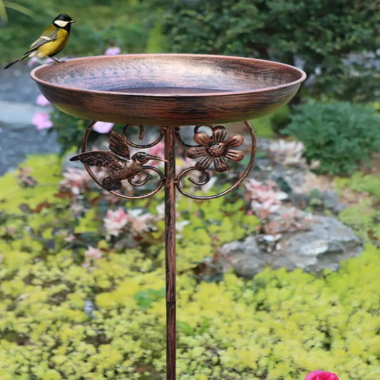 Bain d’Oiseaux de Jardin en Métal Antique – Abreuvoir Décoratif sur Pied avec Motifs Fleur et Colibri | Soins des Oiseaux et de la Faune