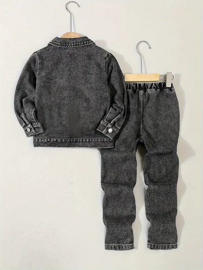 Ensemble Garçon Jean Noir – Veste en Denim + Pantalon Déchiré Style Décontracté