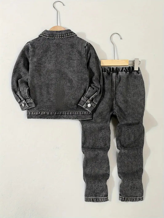 Ensemble Garçon Jean Noir – Veste en Denim + Pantalon Déchiré Style Décontracté