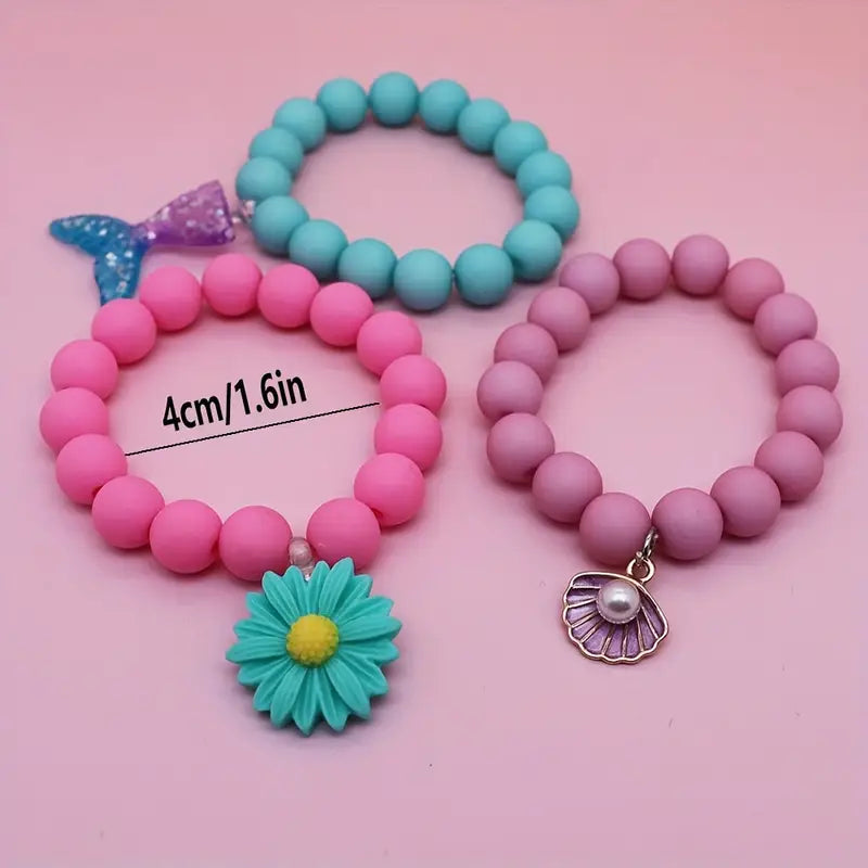 Lot de Bracelets Élastiques Enfant Perles Colorées – Bijoux Fantaisie Fleur, Coquillage et Sirène