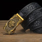 Ceinture homme en cuir noir avec boucle automatique dorée lion – Style luxe et détails gravés