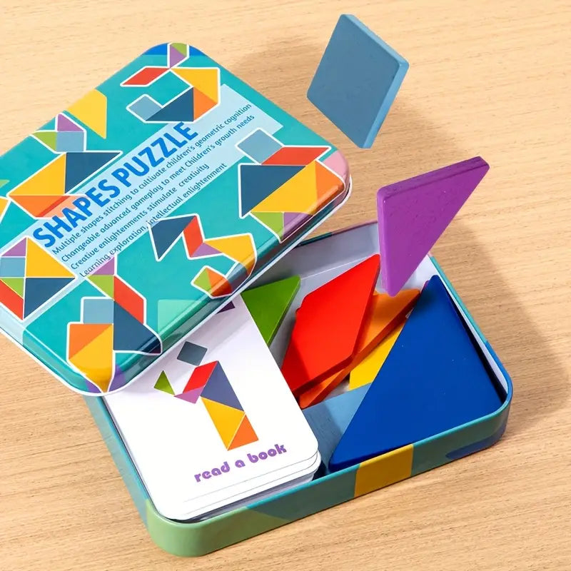 Jeu de Tangram en Bois avec Cartes Défi – Puzzle Éducatif Géométrique pour Enfants et Adultes