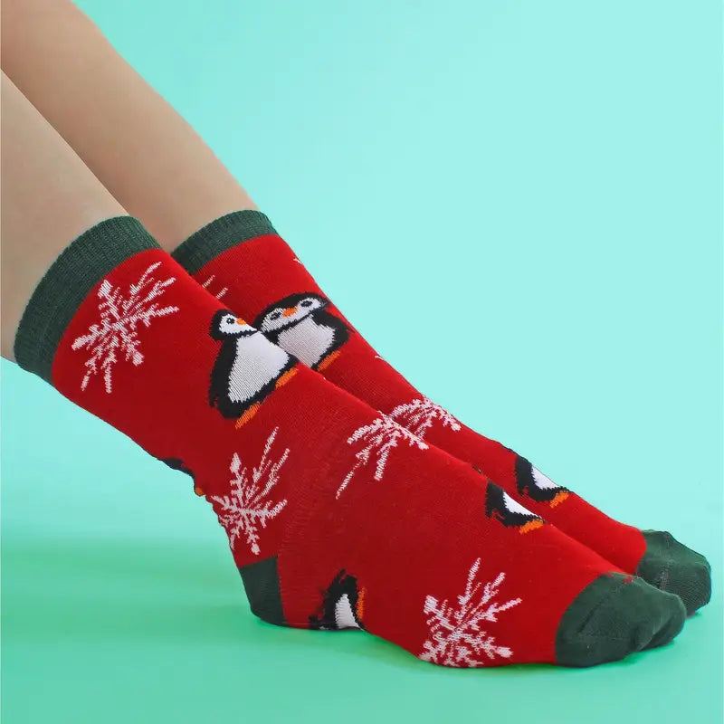 Chaussettes de Noël Enfant Rouges – Motif Pingouin et Flocon Hiver