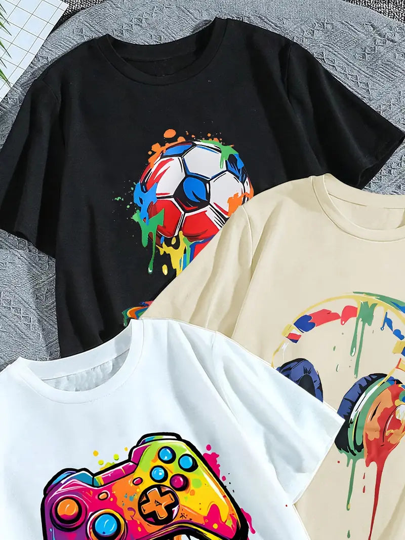 T-shirt Garçon Gamer Blanc – Haut Enfant avec Motif Manette Colorée Street Art