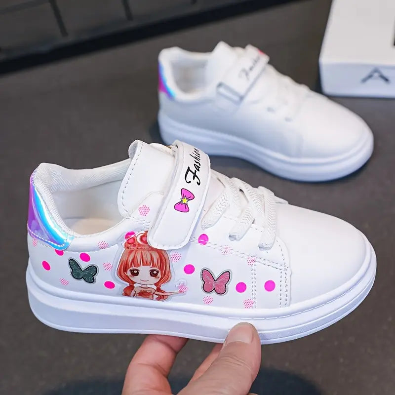 Baskets fille roses à scratch – Chaussures de sport confortables avec motif papillon et princesse