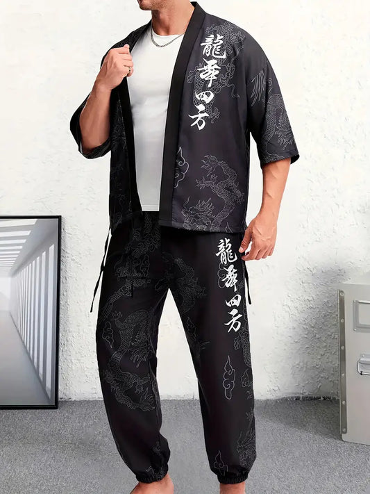 Tenue fantaisie homme kimono – Ensemble traditionnel asiatique avec motifs dragon dorés