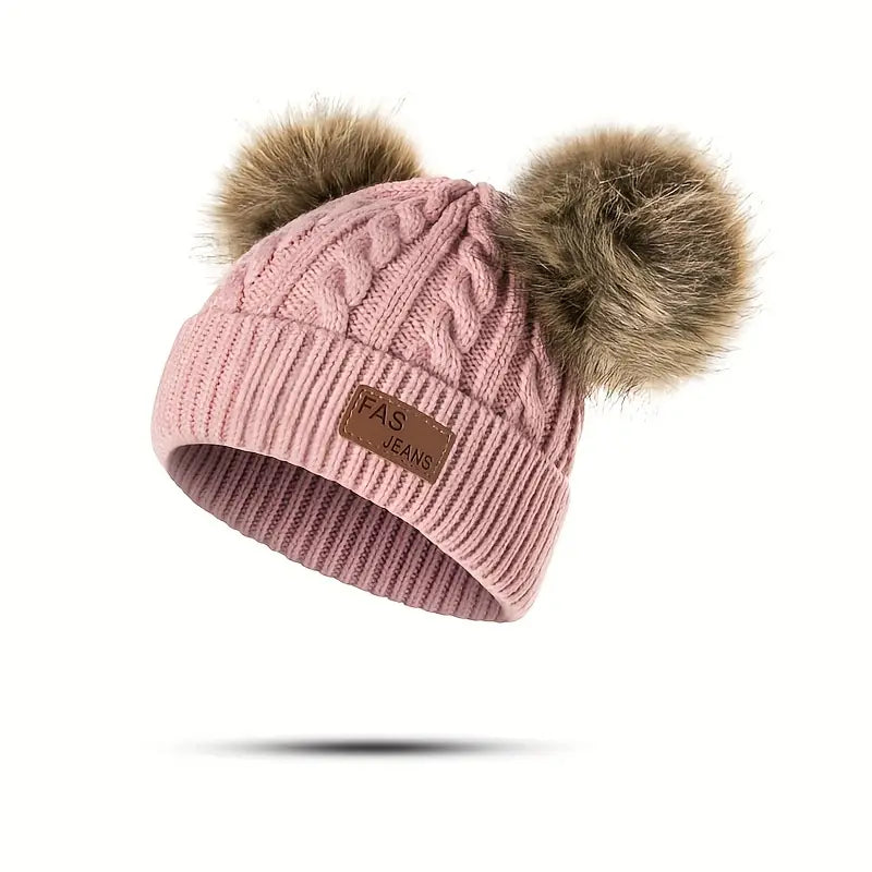 Bonnet Tricot Bébé Fille avec Pompons Fourrure – Chapeaux et Casquettes Enfant Hiver Chaud & Doux