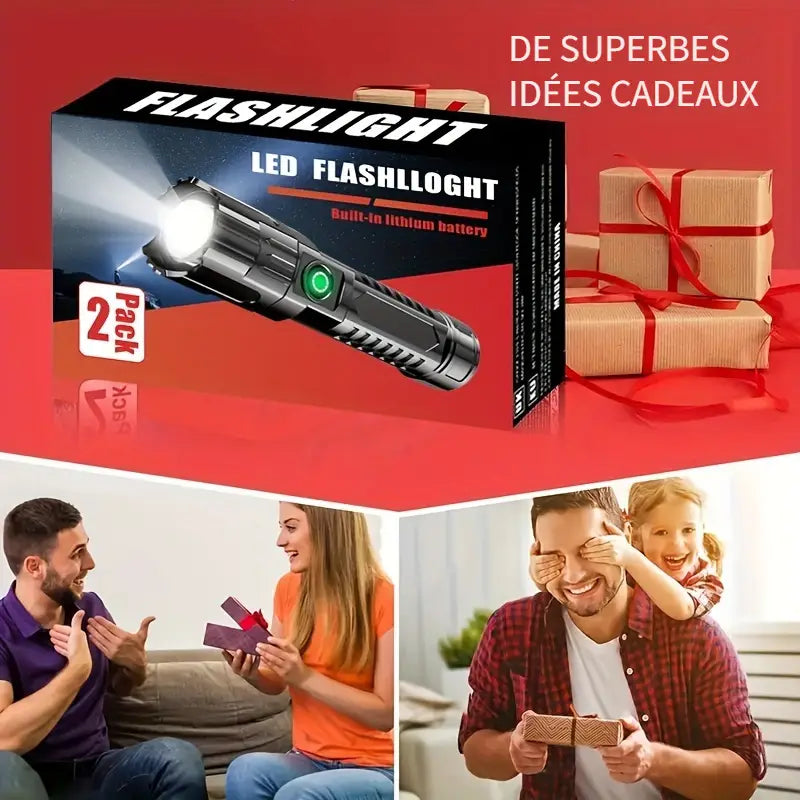 Lot de 2 Lampes Torches LED Rechargeables Ultra Puissantes – Lampe de Poche Étanche avec Batterie Lithium Intégrée
