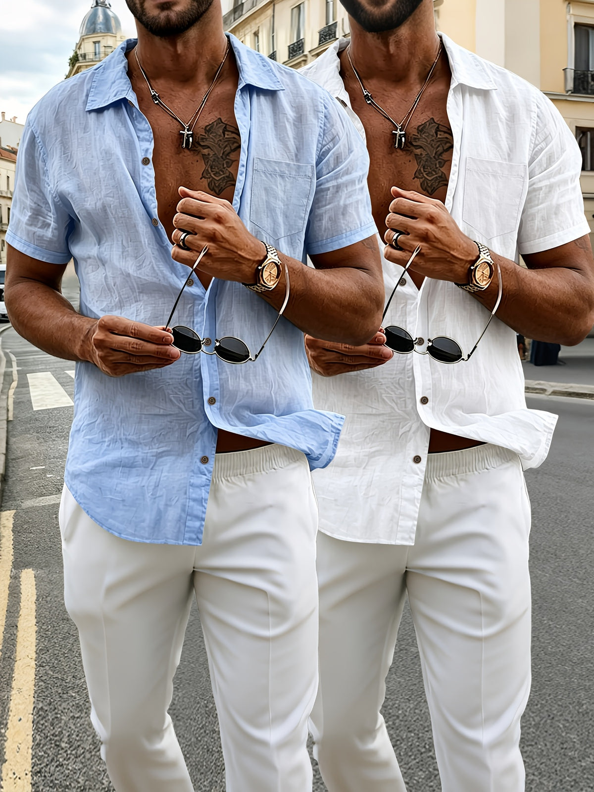 Lot de 2 chemises Henley à manches courtes en lin pour homme
