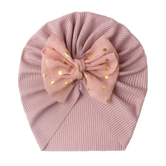 Turban en Coton avec Grand Nœud à Pois Dorés, Chapeau Mode et Confort pour Nouveau-né et Fille