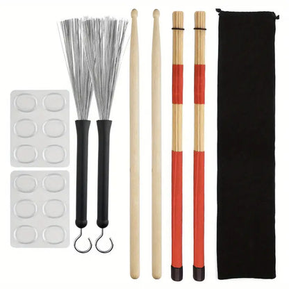 Kit Complet de Baguettes pour Batterie – Baguettes Classiques, Balais Métal, Hot Rods et Accessoires avec Housse de Transport