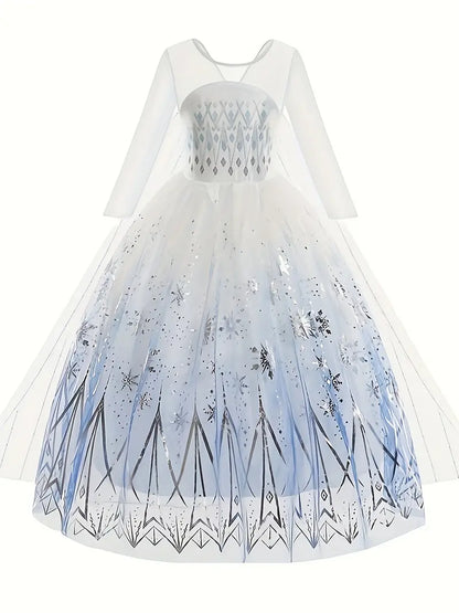 Robe Reine des Neiges fille – Déguisement princesse Elsa bleu et blanc avec cape magique