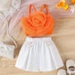 Hauts fille élégants – Top orange à fleur 3D avec short blanc chic d’été