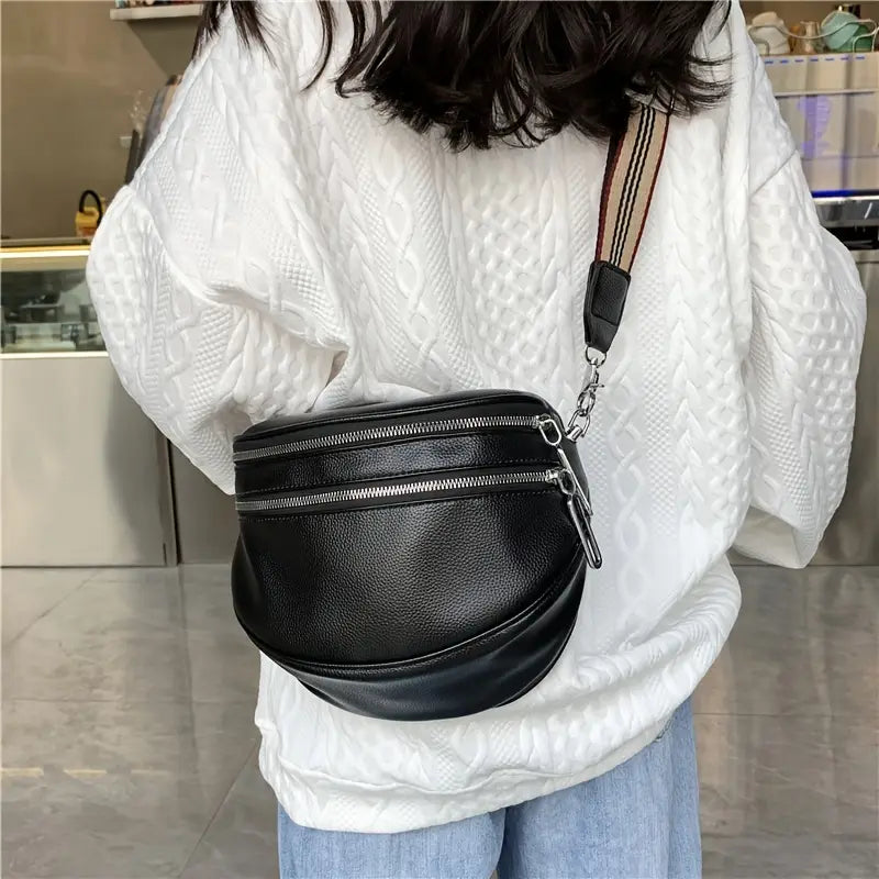 Sac Besace Femme Noir Sac Bandoulière en Simili Cuir avec Double Fermeture Éclair, Chic et Tendance