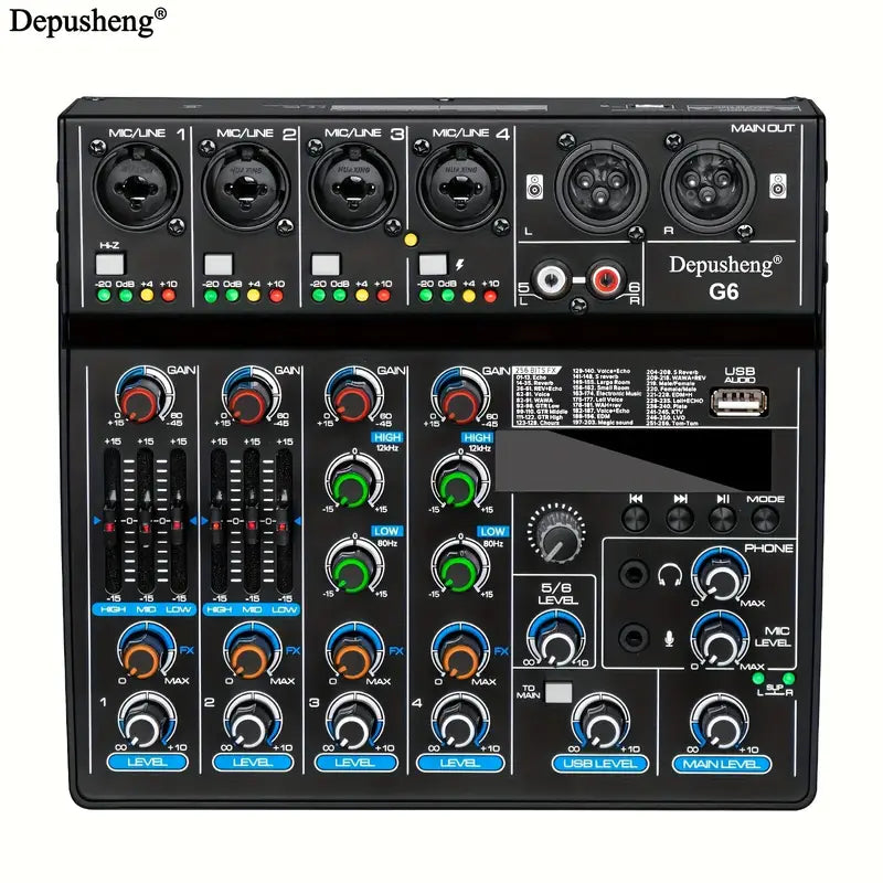 Table de Mixage Audio USB Depusheng G6 – 4/6 Canaux avec Effets, Interface Son & Alim Phantom 48V