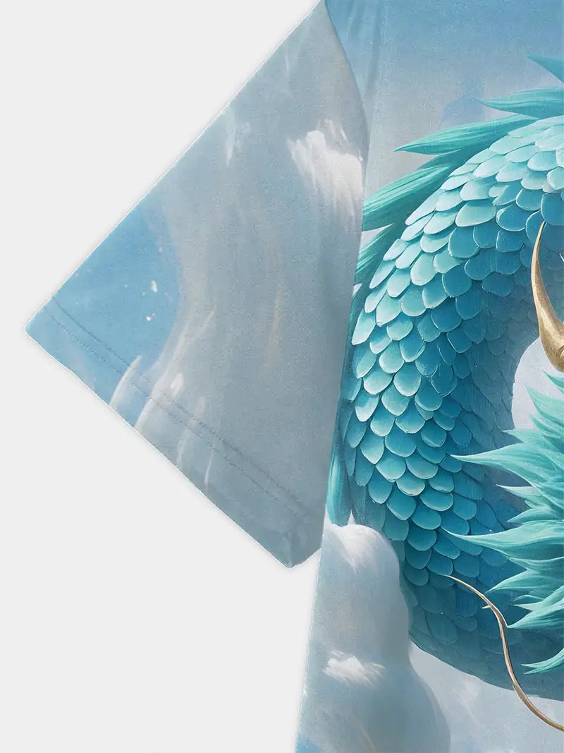 T-shirt Garçon Fantaisie Dragon Bleu – Motif 3D Écailles et Nuages