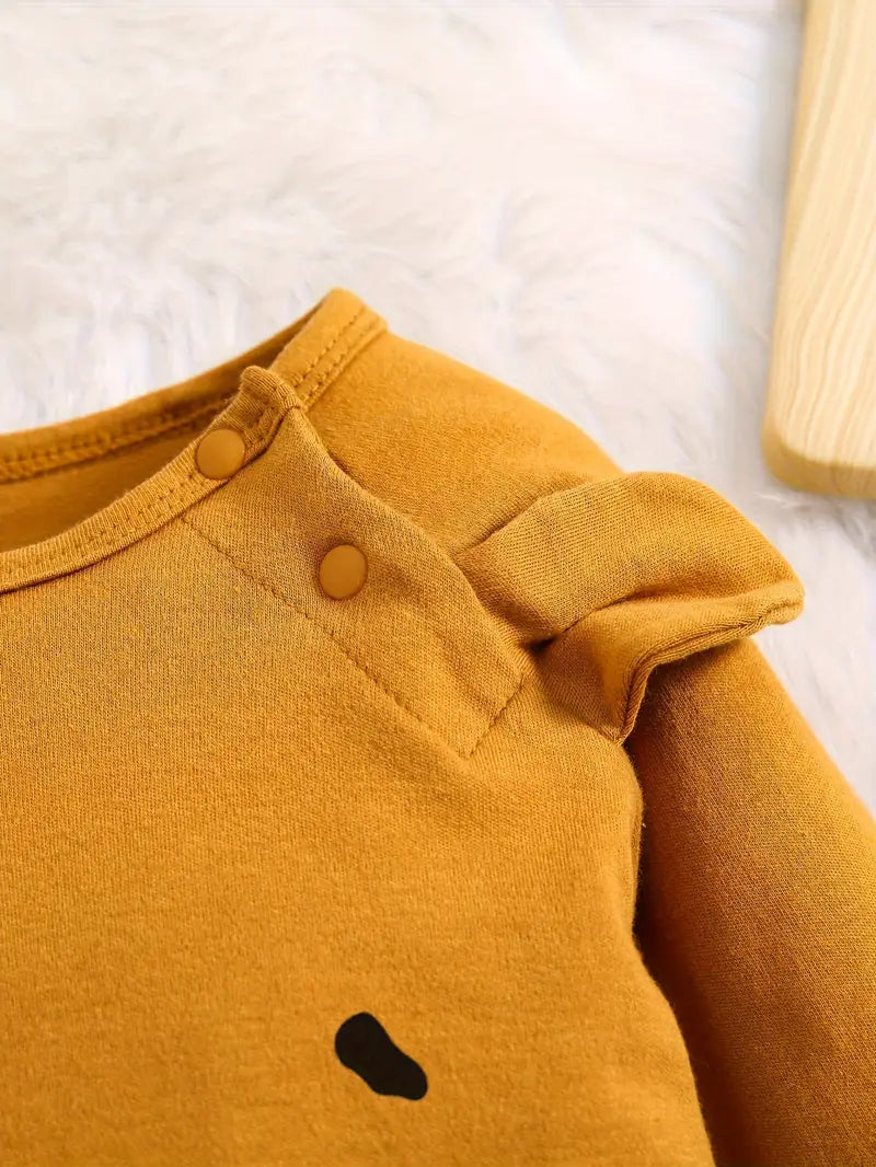 Body Bébé Manche Longue en Coton – Grenouillère Moutarde Motif Ours Mignon