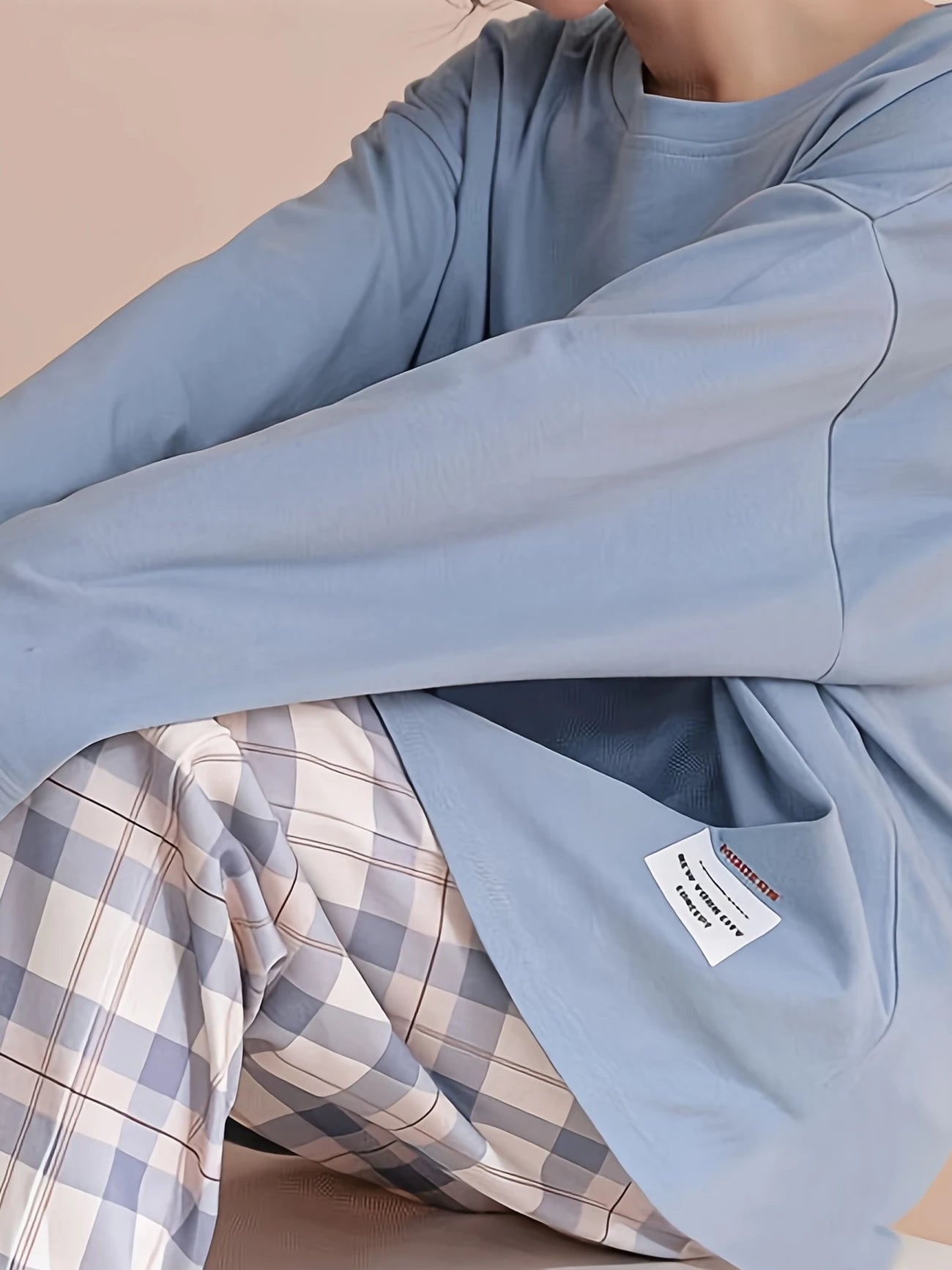 Pyjama Femme Long Confort Oversize – Haut Manches Longues & Pantalon à Carreaux, Ensemble Doux et Décontracté