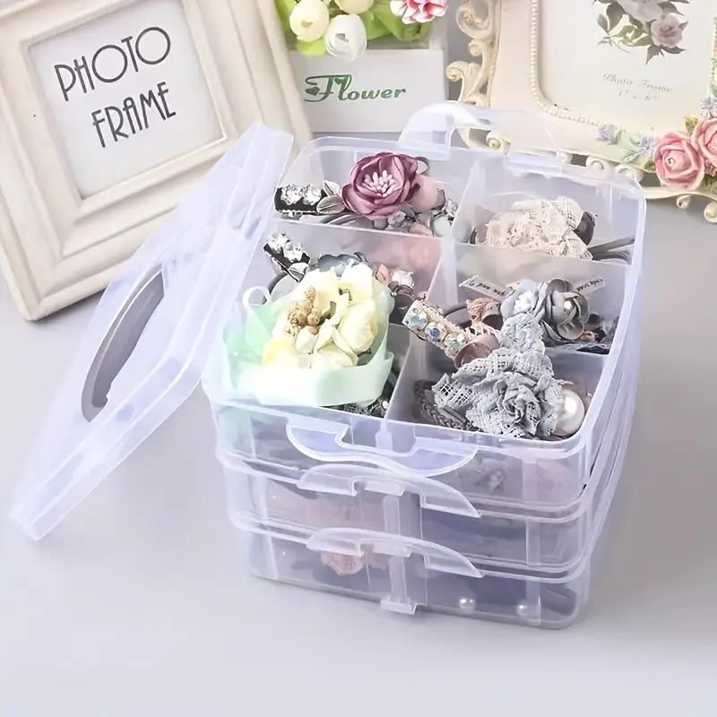 Boîte de Rangement Transparent à 3 Niveaux avec Compartiments – Organiseur Pratique pour Perles, Bijoux et Accessoires