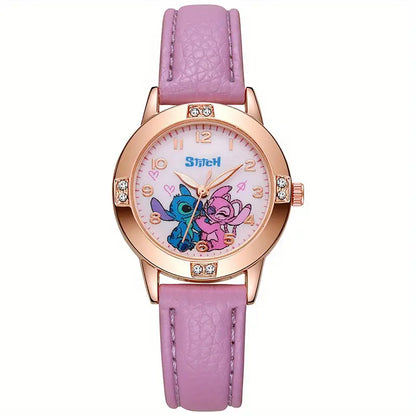 Montre Enfant Fille Rose avec Personnage Stitch – Bracelet Simili Cuir et Cadran Fantaisie