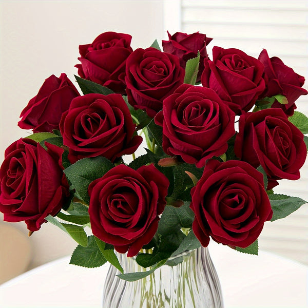 Lot 10 Roses Artificielles, coloris Rouge