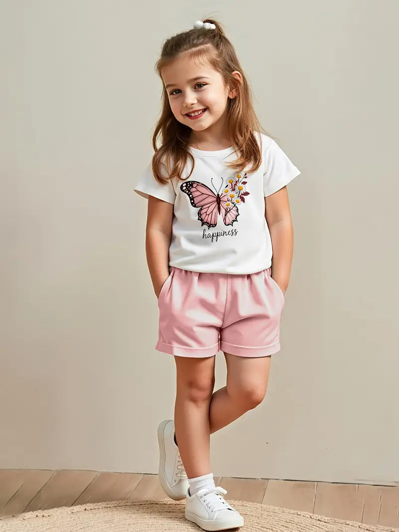T-shirt Fille Papillon Imprimé – Haut Enfant Manches Courtes Confortable et Tendance Été