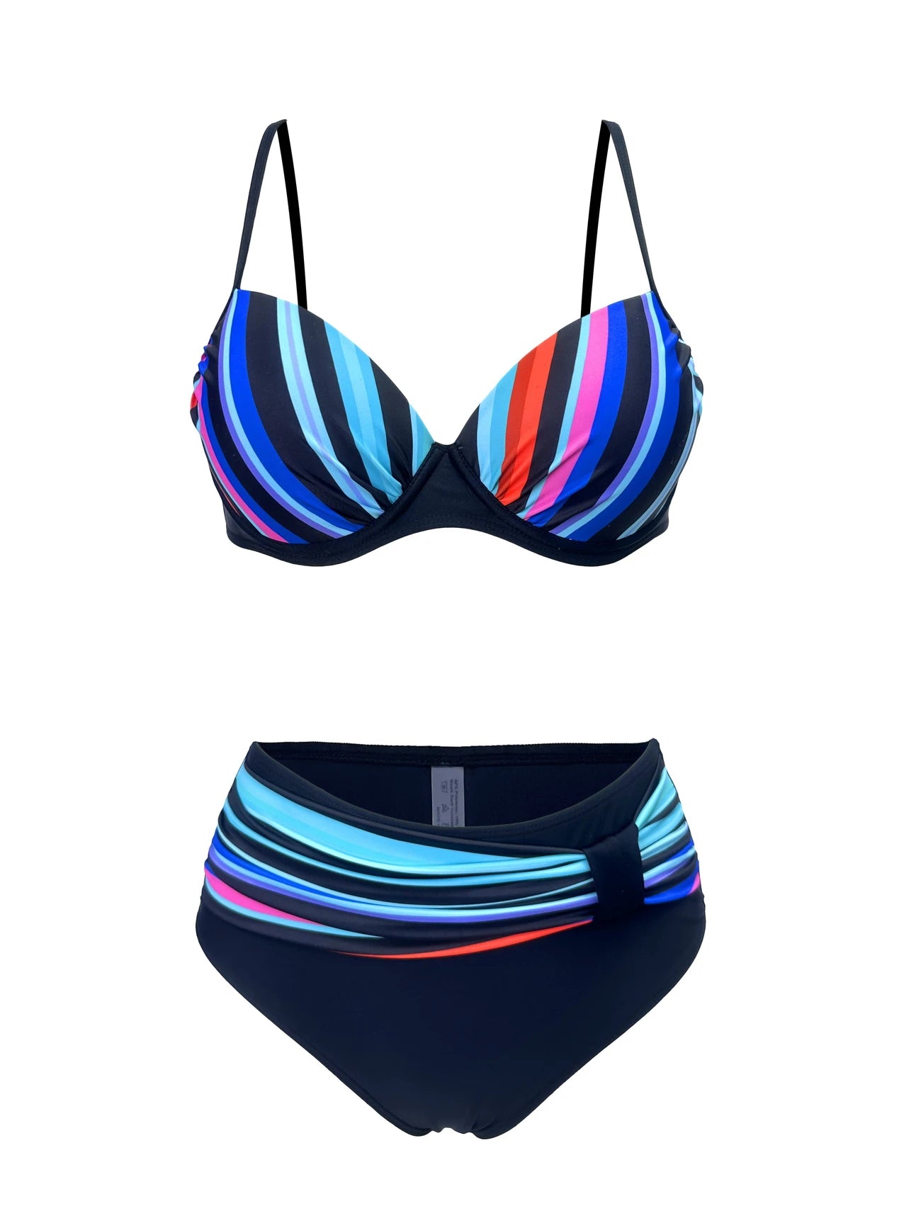 Bas de bikini taille haute gainant – Rayures multicolores et ceinture effet ventre plat pour silhouette affinée
