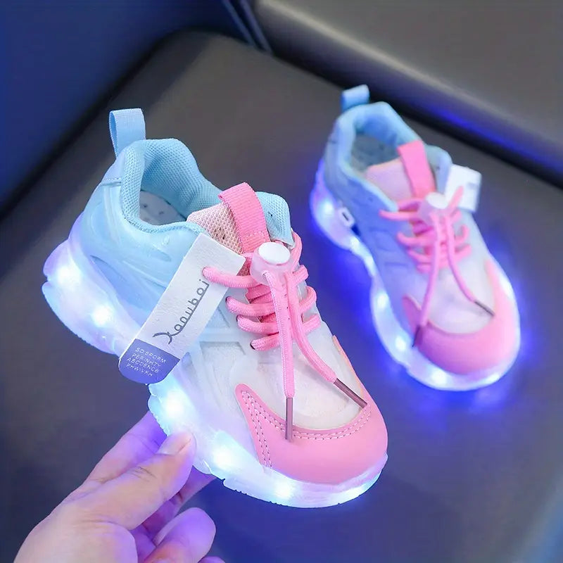 Baskets lumineuses fille rose et bleu – Chaussures de sport confort avec semelle LED