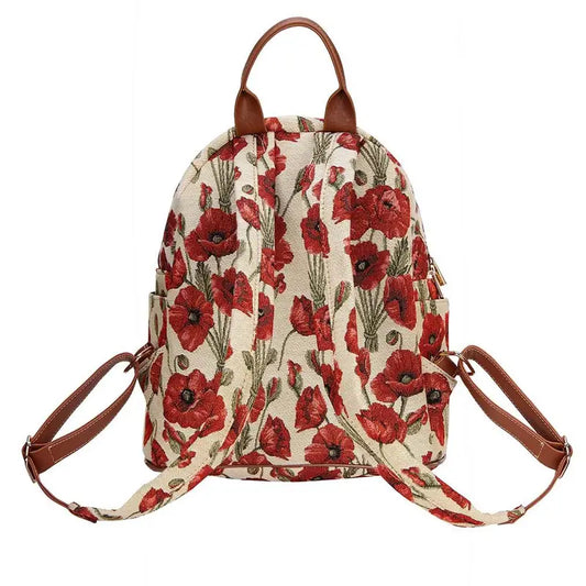 Sac à dos femme motif fleuri vintage – Tissu brodé avec coquelicots rouges et détails en cuir